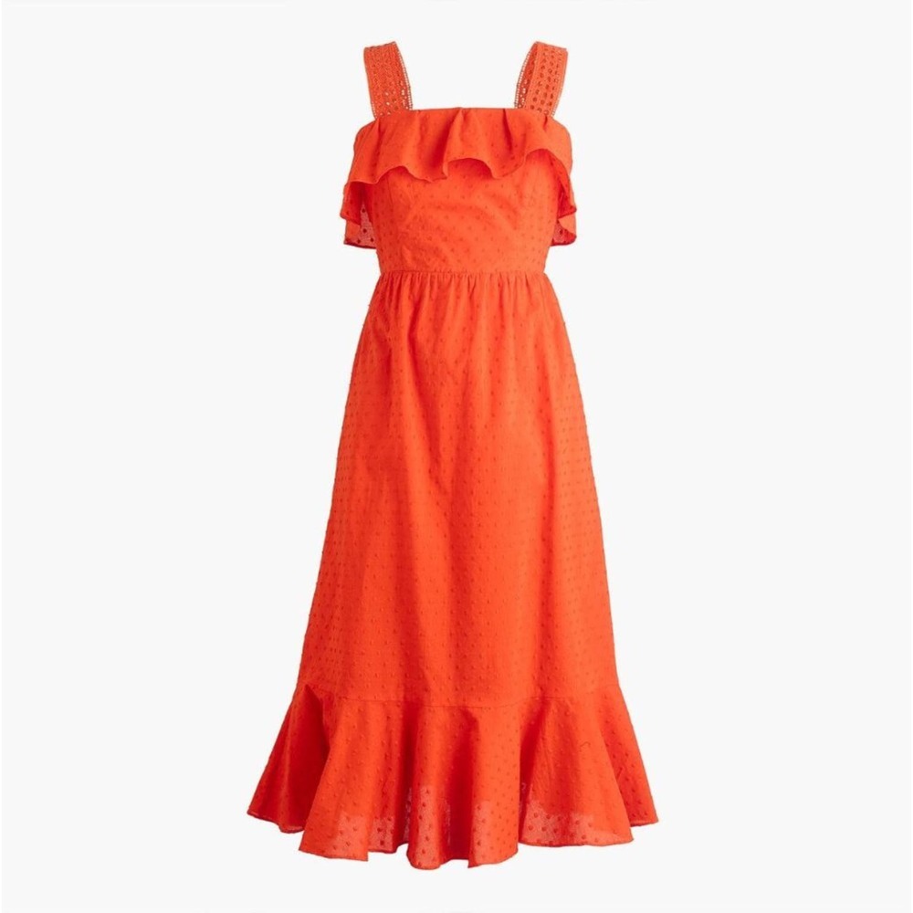 J. Crew Bright Orange Ruffled Eyelet Midi Dress